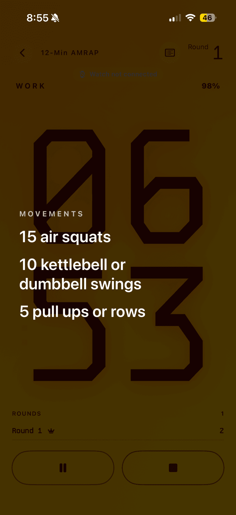 A running 12-minute AMRAP in Squall with the movement list shown over the clock