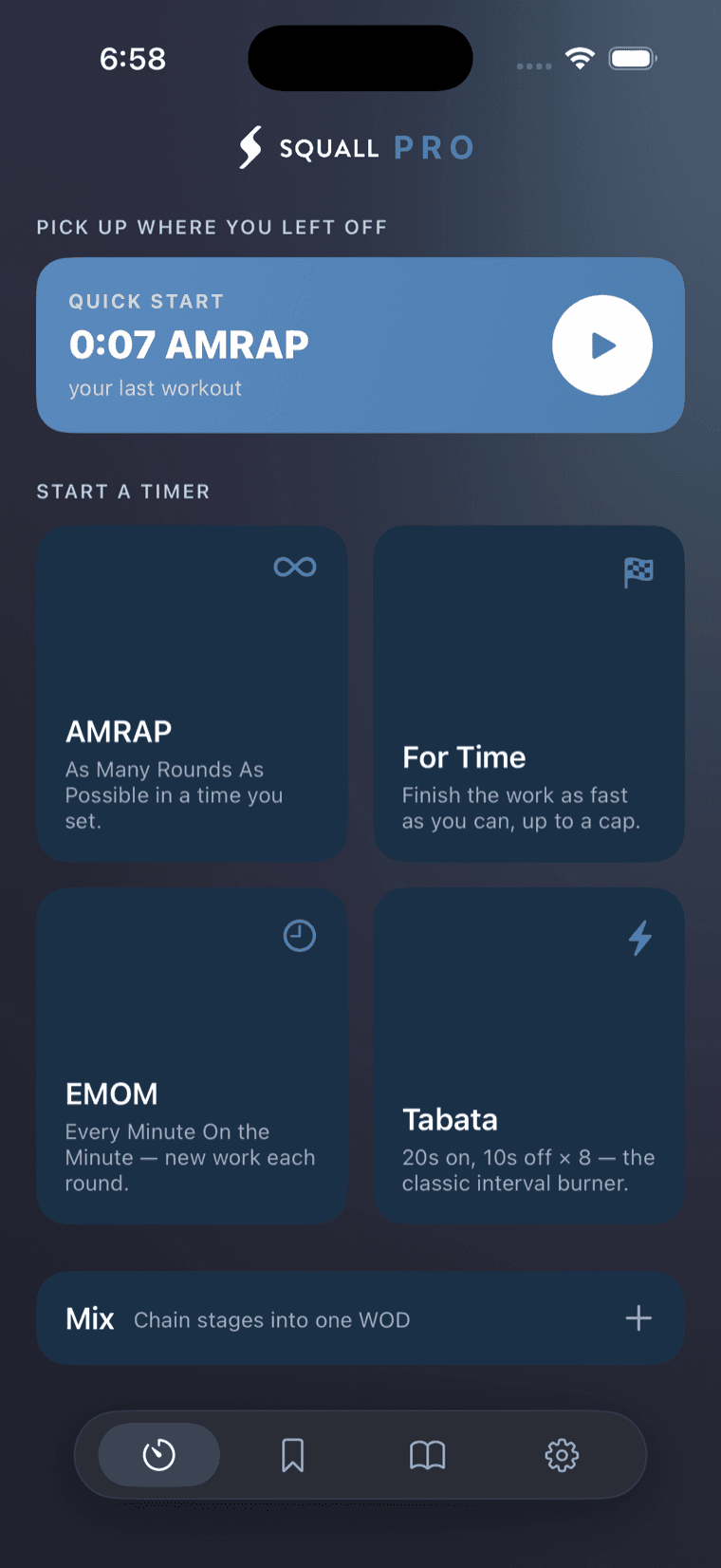 Squall home screen — Quick Start and the five timer types