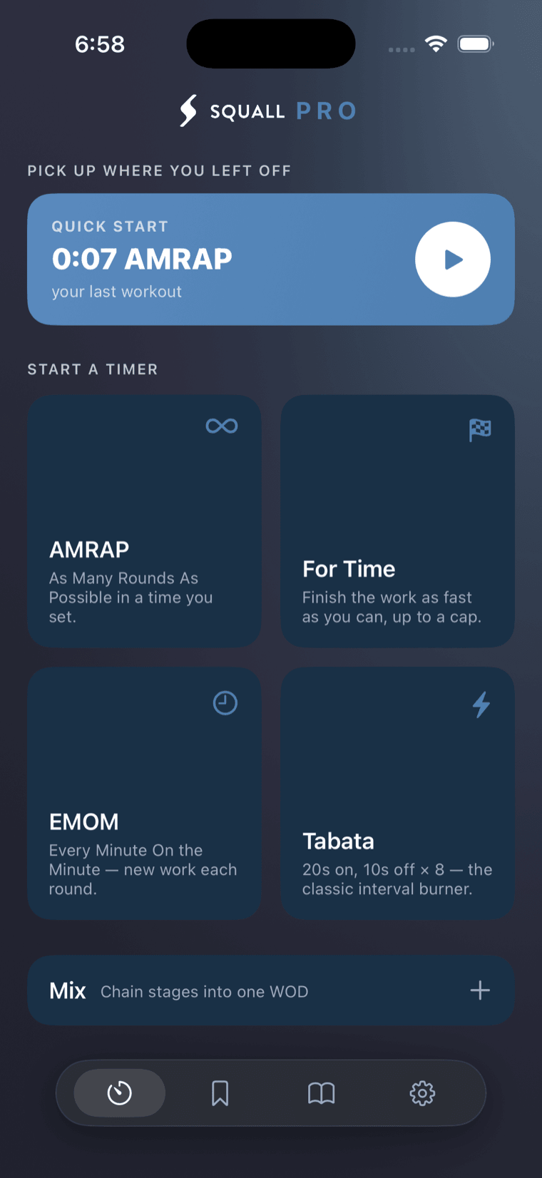 Squall home screen — Quick Start and the five timer types