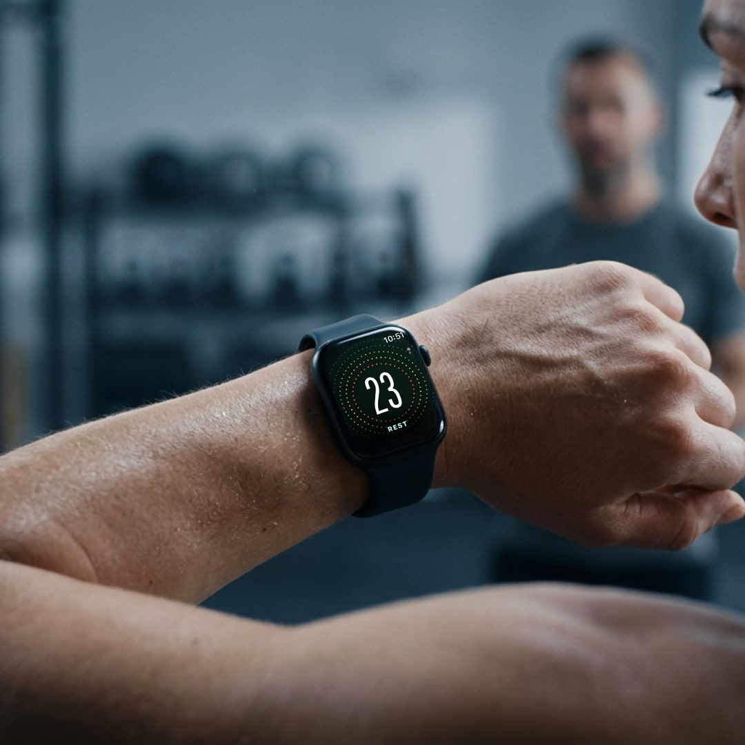 An athlete glancing at a Squall rest interval on Apple Watch mid-session