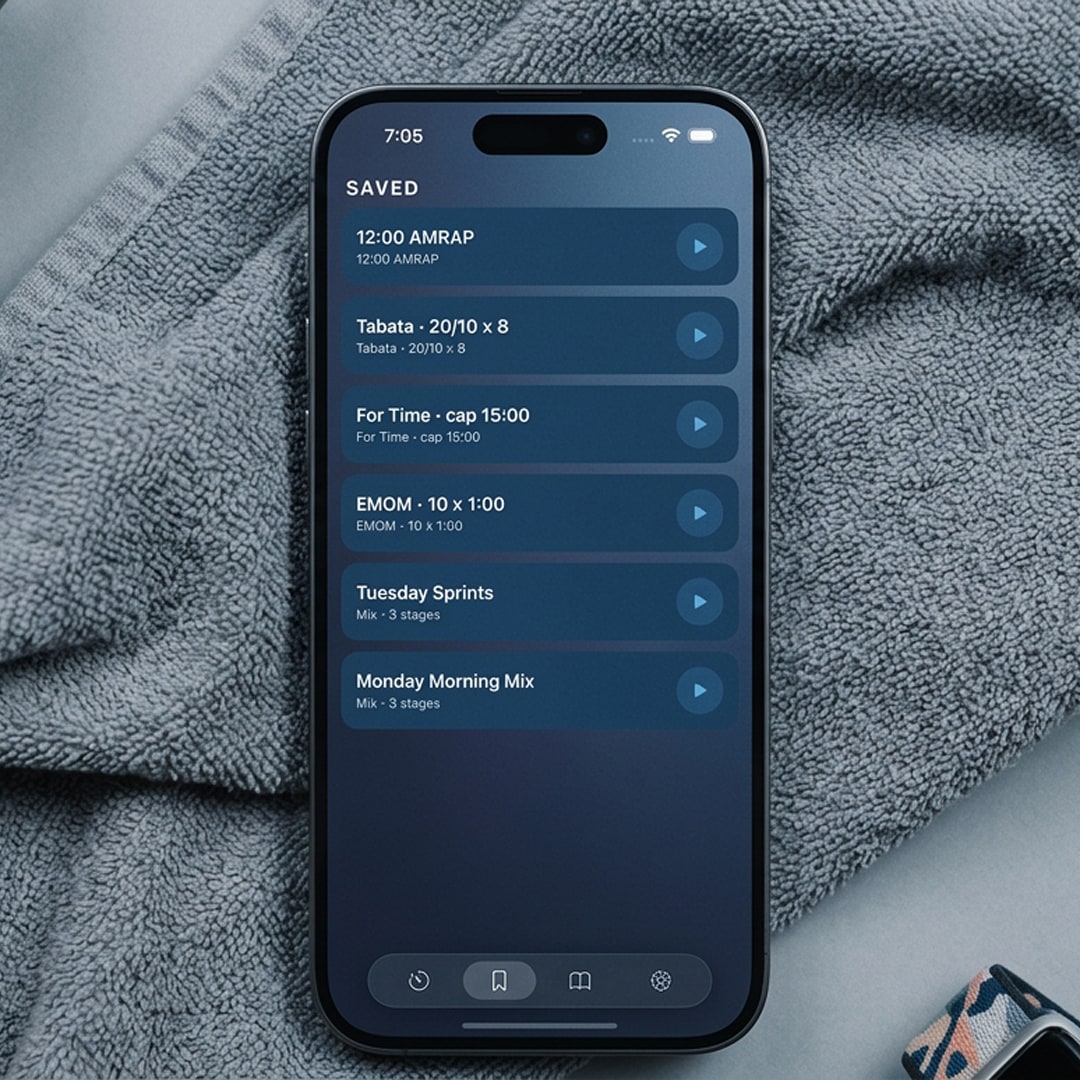Squall saved workouts list on iPhone beside a gym towel