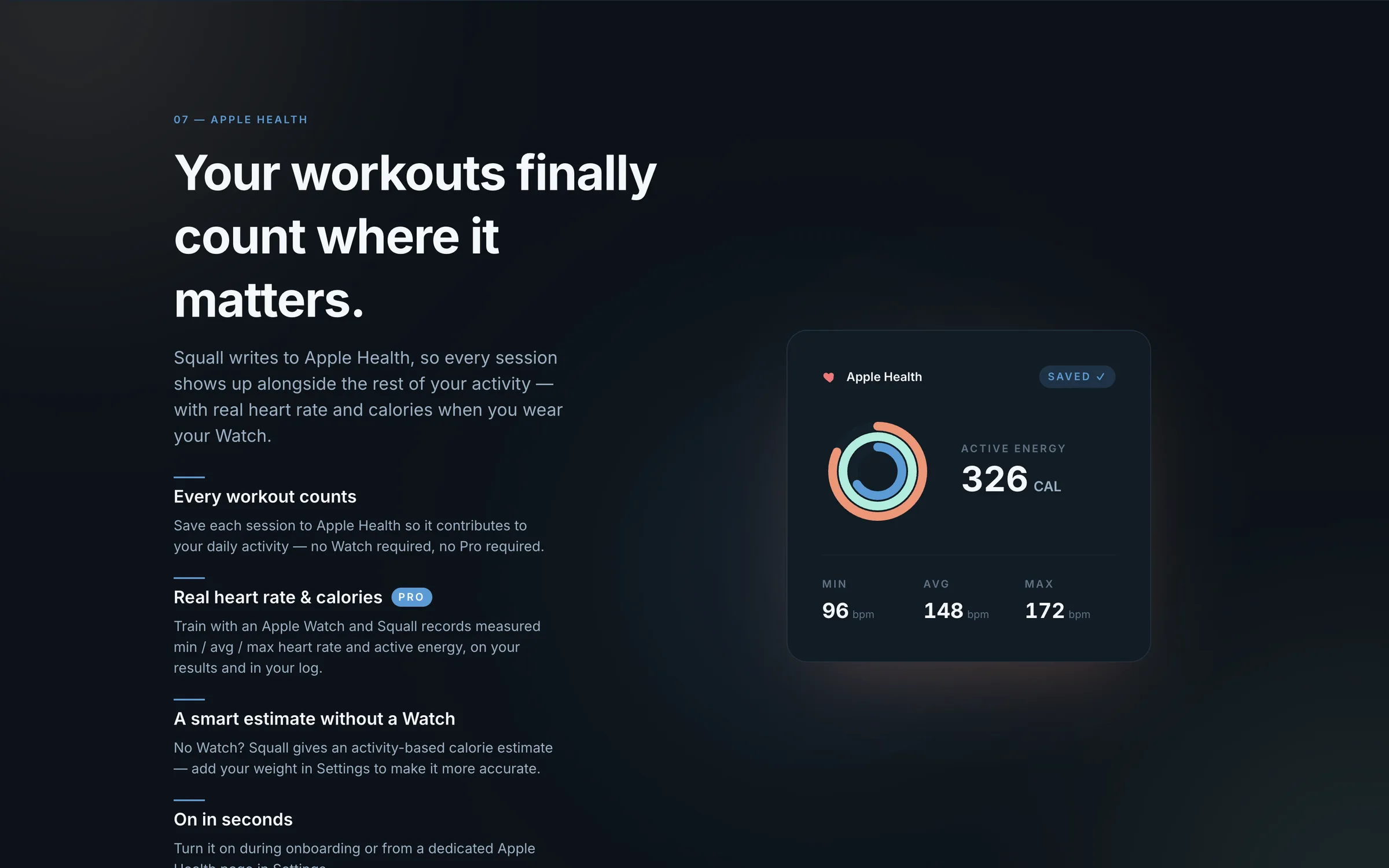 The Apple Health section of the Squall site