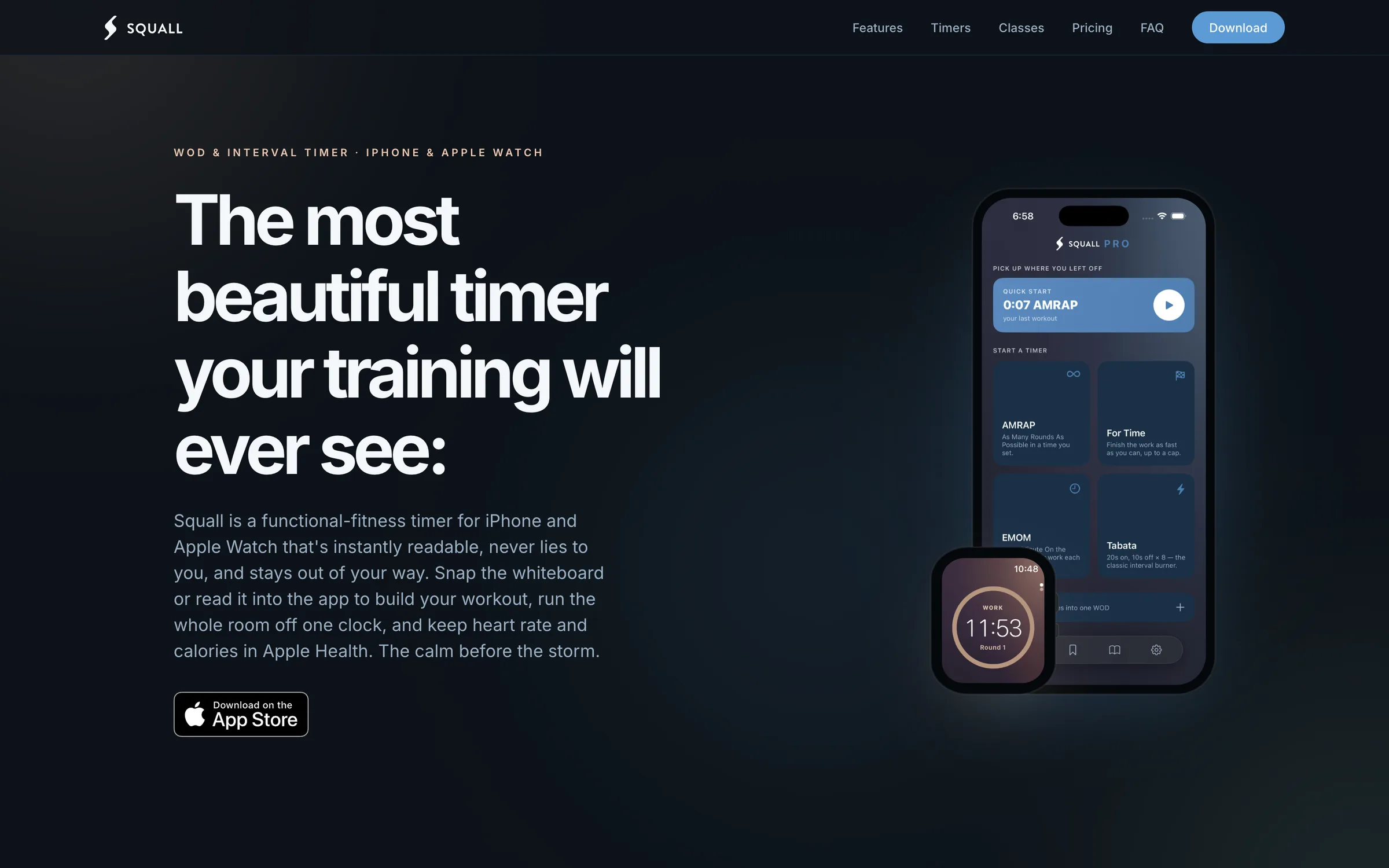 The Squall product site hero — the most beautiful timer your training will ever see