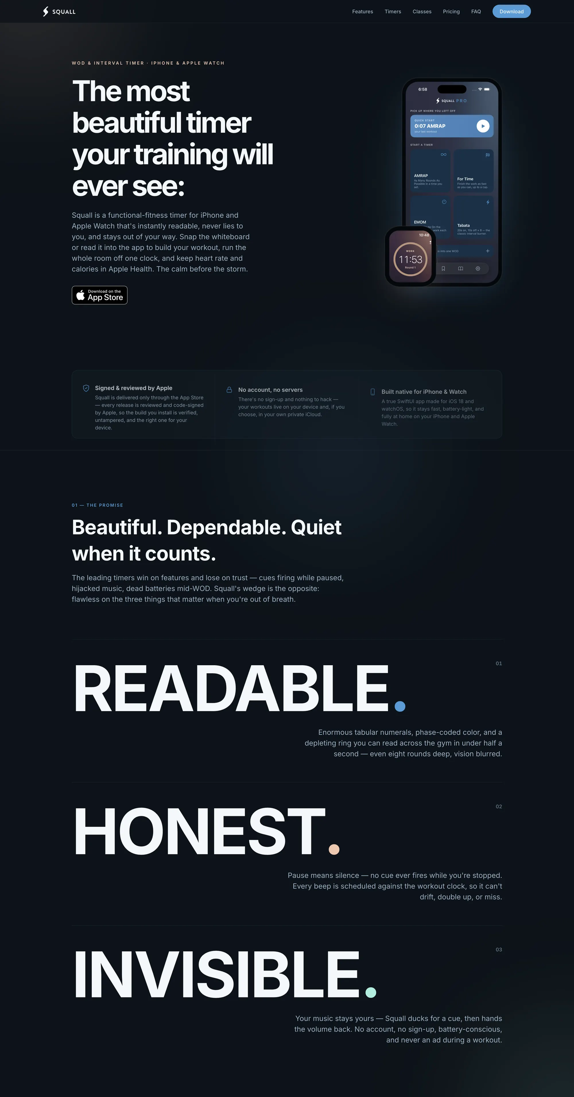 Scrolling through the Squall site — hero, trust bar, and the three-word promise