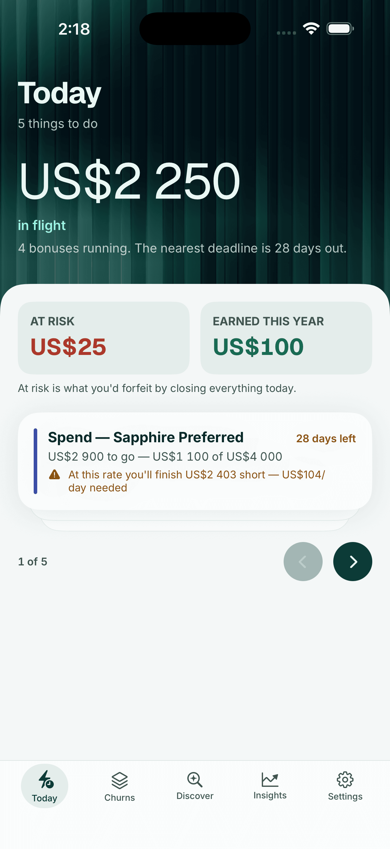 Vest's Today screen on iPhone: US$2,250 in flight across four running bonuses, with what's at risk and what's been earned this year beneath it.