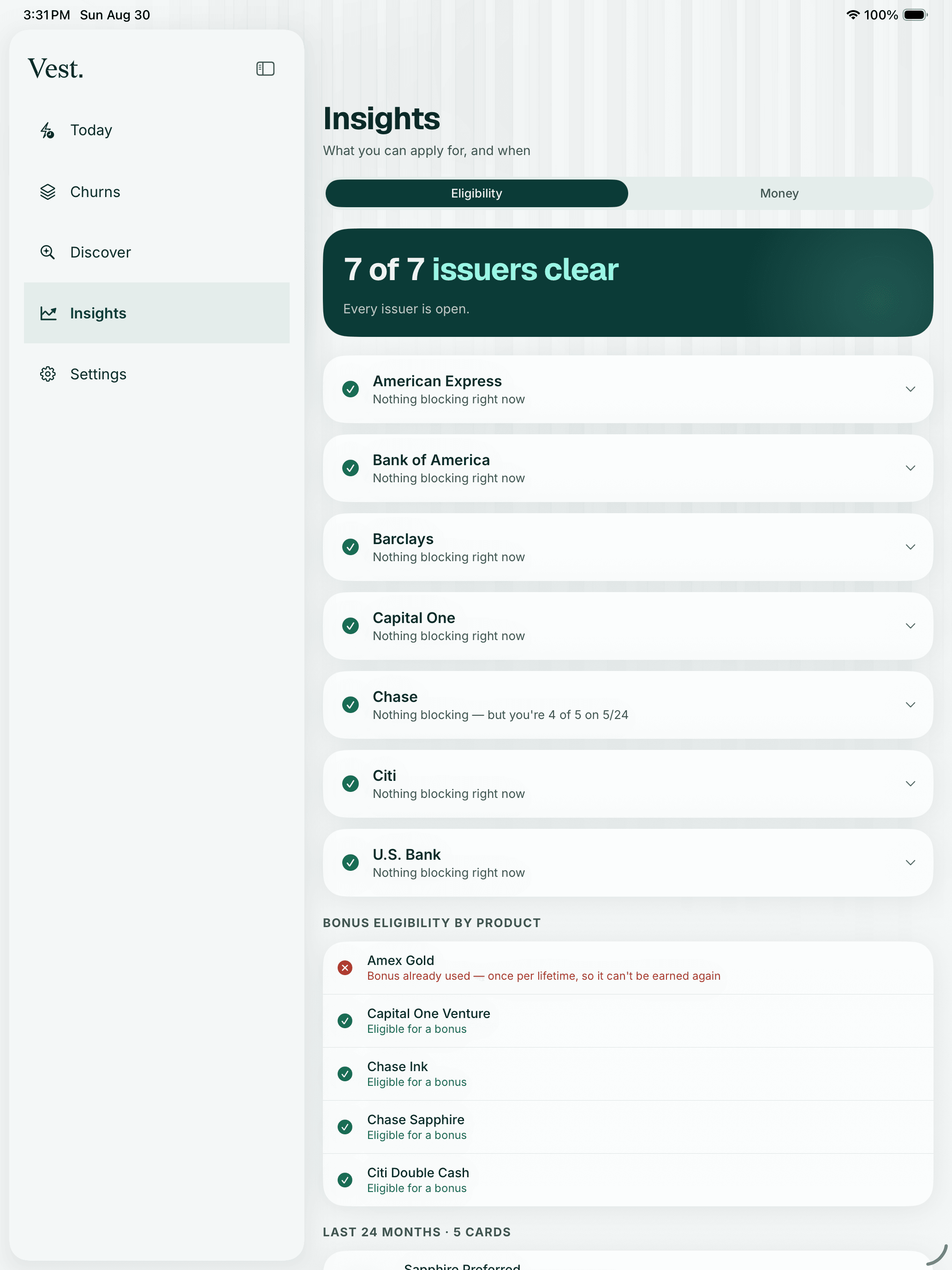 Vest's Eligibility screen on iPad: seven of seven issuers clear, laid out in two columns beside the sidebar, with Chase showing nothing blocking but four of five on 5/24.