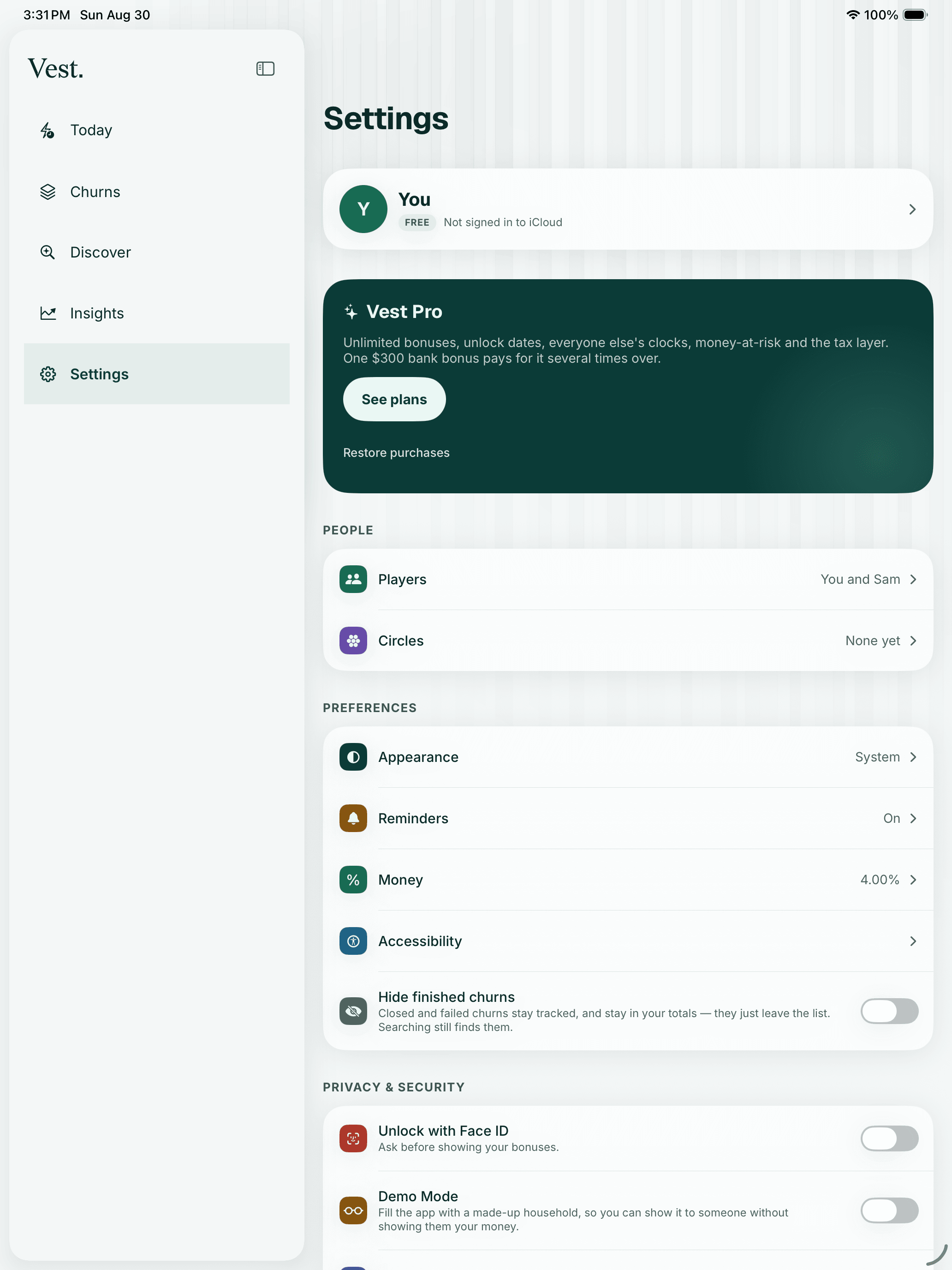 Vest's Settings screen on iPad, where the privacy stance and the app lock live.
