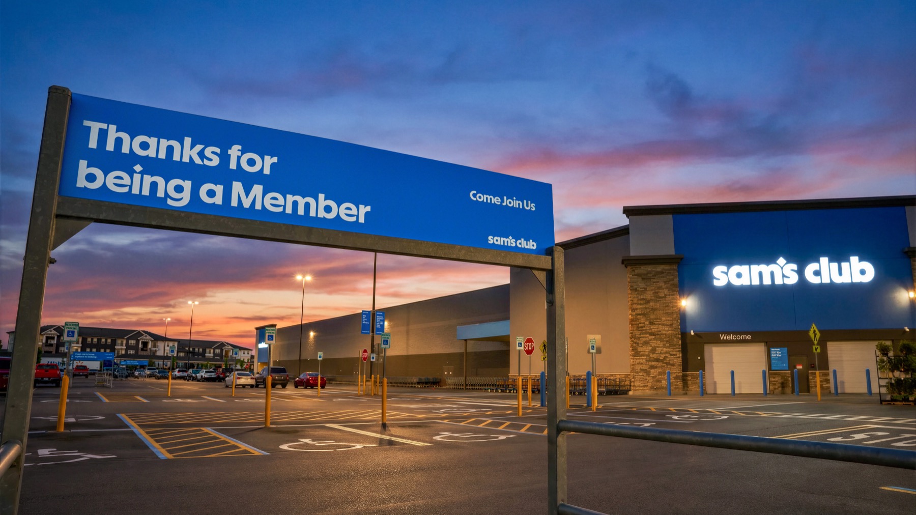 A Sam's Club clubfront at dusk, the new identity lit above a "Come Join Us" gateway.